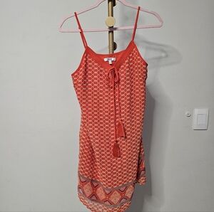Norah Coral Lattice Boho Print Tassel Tie Sundress Mini Dress Size Small